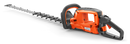 The Husqvarna 522iHD75 is an orange and black cordless hedge trimmer with a long serrated blade and ergonomic handle, ideal for professional use, displayed on a transparent background.