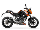 The EVO-12 Bike-Pack Kit image features a sleek black storage bag labeled "EVO-12 Pack," the versatile "Adjustable Pack-Rack" rear rack, and an "L-Bracket" with screws, perfect for mounting on the KTM 390 Duke (17 ->) by Ventura for efficient bike storage.
