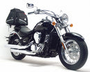Image showcasing a Ventura EVO-12 Bike-Pack Kit, featuring a sleek black pack with orange accents, an Evo-Rack elegantly attached to a bike, and an L-Bracket complete with screws. The kit’s highlight is the Ventura branded EVO-12 pack for Kawasaki VN 900 Vulcan Custom (10-15).