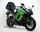Image of Ventura Kawasaki Z 1000 SX ABS (11-15) Bike-Pack Kit featuring a black EVO-12 pack bag with red accents, a black Evo-Rack mounted on a motorcycle, and an L-Bracket with screws.