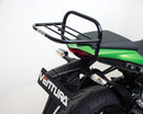 Image of Ventura Kawasaki Z 1000 SX ABS (11-15) Bike-Pack Kit featuring a black EVO-12 pack bag with red accents, a black Evo-Rack mounted on a motorcycle, and an L-Bracket with screws.