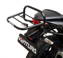 The image shows three components of the EVO-12 Bike-Pack Kit: top left is a black EVO-12 pack with red and gray detailing, top right is a Ventura Adjustable Pack-Rack labeled 'Honda', and bottom is a generic L-bracket with screws. Compatible with Kawasaki Z 300 (2015).