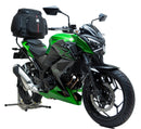 The image shows three components of the EVO-12 Bike-Pack Kit: top left is a black EVO-12 pack with red and gray detailing, top right is a Ventura Adjustable Pack-Rack labeled 'Honda', and bottom is a generic L-bracket with screws. Compatible with Kawasaki Z 300 (2015).