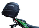 The image showcases the Ventura EVO-12 Bike-Pack Kit on a Kawasaki ZX-6R Ninja (19 ->) featuring a sleek black pack with an orange stripe, secured by the versatile Adjustable Pack-Rack and robust black L-Bracket hardware.