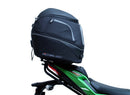 The image showcases the Ventura EVO-12 Bike-Pack Kit on a Kawasaki ZX-6R Ninja (19 ->) featuring a sleek black pack with an orange stripe, secured by the versatile Adjustable Pack-Rack and robust black L-Bracket hardware.