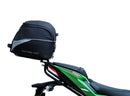 The image showcases the Ventura EVO-12 Bike-Pack Kit on a Kawasaki ZX-6R Ninja (19 ->) featuring a sleek black pack with an orange stripe, secured by the versatile Adjustable Pack-Rack and robust black L-Bracket hardware.