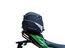 The image showcases the Ventura EVO-12 Bike-Pack Kit on a Kawasaki ZX-6R Ninja (19 ->) featuring a sleek black pack with an orange stripe, secured by the versatile Adjustable Pack-Rack and robust black L-Bracket hardware.