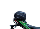 The image showcases the Ventura EVO-12 Bike-Pack Kit on a Kawasaki ZX-6R Ninja (19 ->) featuring a sleek black pack with an orange stripe, secured by the versatile Adjustable Pack-Rack and robust black L-Bracket hardware.