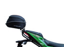 The image showcases the Ventura EVO-12 Bike-Pack Kit on a Kawasaki ZX-6R Ninja (19 ->) featuring a sleek black pack with an orange stripe, secured by the versatile Adjustable Pack-Rack and robust black L-Bracket hardware.