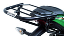 The image showcases the Ventura EVO-12 Bike-Pack Kit on a Kawasaki ZX-6R Ninja (19 ->) featuring a sleek black pack with an orange stripe, secured by the versatile Adjustable Pack-Rack and robust black L-Bracket hardware.