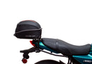 The image features the Ventura Kawasaki Z 650 RS (22 - >) Bike-Pack Kit, showcasing three essential components: a sleek black pack, an Adjustable Pack-Rack mounted on a bike frame, and an L-Bracket with screws, all labeled as a generic image.