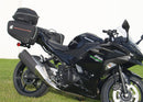 Ventura EVO-12 Bike-Pack Kit for Kawasaki Z 500 and Ninja 500 (all models, '24 onwards) includes a black EVO-12 PACK, metal Adjustable Pack-Rack (EVO-RACK), and metal L-Bracket supports with hardware shown in a generic image.