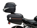 Ventura EVO-12 Bike-Pack Kit for Kawasaki Z 500 and Ninja 500 (all models, '24 onwards) includes a black EVO-12 PACK, metal Adjustable Pack-Rack (EVO-RACK), and metal L-Bracket supports with hardware shown in a generic image.