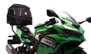 The Ventura EVO-12 Bike-Pack Kit for Kawasaki Ninja ZX-4RR, ZX-4R (25 - >) includes a black bike pack, rear Evo-Rack, sturdy metal L-Bracket with screws—all clearly labeled on a white background.