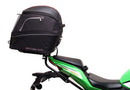 The Ventura EVO-12 Bike-Pack Kit for Kawasaki Ninja ZX-4RR, ZX-4R (25 - >) includes a black bike pack, rear Evo-Rack, sturdy metal L-Bracket with screws—all clearly labeled on a white background.