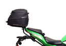The Ventura EVO-12 Bike-Pack Kit for Kawasaki Ninja ZX-4RR, ZX-4R (25 - >) includes a black bike pack, rear Evo-Rack, sturdy metal L-Bracket with screws—all clearly labeled on a white background.