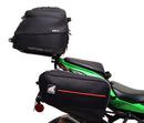 The Ventura EVO-12 Bike-Pack Kit for Kawasaki Ninja ZX-4RR, ZX-4R (25 - >) includes a black bike pack, rear Evo-Rack, sturdy metal L-Bracket with screws—all clearly labeled on a white background.