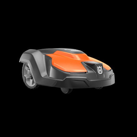 The Husqvarna Automower® 520 EPOS™, from the renowned brand Husqvarna, is an orange and black robotic mower with a sleek design. Featuring two front wheels and a single rear wheel, this compact device displays a logo on the front and boasts a modern appearance. It is ideal for automated lawn care and excels in efficiency, making it perfect for commercial fleet use.