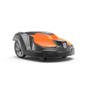 The Husqvarna Automower® 520 EPOS™, from the renowned brand Husqvarna, is an orange and black robotic mower with a sleek design. Featuring two front wheels and a single rear wheel, this compact device displays a logo on the front and boasts a modern appearance. It is ideal for automated lawn care and excels in efficiency, making it perfect for commercial fleet use.