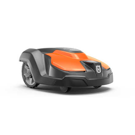 The Husqvarna Automower® 520 EPOS™, from the renowned brand Husqvarna, is an orange and black robotic mower with a sleek design. Featuring two front wheels and a single rear wheel, this compact device displays a logo on the front and boasts a modern appearance. It is ideal for automated lawn care and excels in efficiency, making it perfect for commercial fleet use.