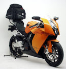 The image displays the KTM 1190 RC8 (08-14) Bike-Pack Kit by Ventura, featuring an EVO-Rack with an adjustable Pack-Rack. It includes an EVO-12 pack and L-Bracket with screws, all securely attached to a bike.
