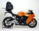 The image displays the KTM 1190 RC8 (08-14) Bike-Pack Kit by Ventura, featuring an EVO-Rack with an adjustable Pack-Rack. It includes an EVO-12 pack and L-Bracket with screws, all securely attached to a bike.