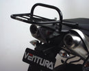 The KTM 990 Super Moto R (09-12) Bike-Pack Kit by Ventura features a sleek black design with vibrant orange accents, an Evo-Rack for seamless fit, and a sturdy L-Bracket including screws. Each component is individually labeled against a spotless white background.