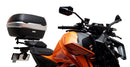 Image showing the Ventura EVO-12 Bike-Pack Kit for KTM 1390 Super Duke R (24->) with EVO-12 soft black bag, Evo-Rack metal luggage rack, and L-Bracket with screws (generic image). Fits Adjustable Pack-Rack systems.