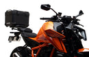 Image showing the Ventura EVO-12 Bike-Pack Kit for KTM 1390 Super Duke R (24->) with EVO-12 soft black bag, Evo-Rack metal luggage rack, and L-Bracket with screws (generic image). Fits Adjustable Pack-Rack systems.