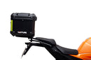 Image showing the Ventura EVO-12 Bike-Pack Kit for KTM 1390 Super Duke R (24->) with EVO-12 soft black bag, Evo-Rack metal luggage rack, and L-Bracket with screws (generic image). Fits Adjustable Pack-Rack systems.