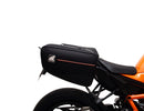 Image showing the Ventura EVO-12 Bike-Pack Kit for KTM 1390 Super Duke R (24->) with EVO-12 soft black bag, Evo-Rack metal luggage rack, and L-Bracket with screws (generic image). Fits Adjustable Pack-Rack systems.
