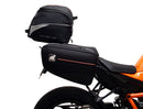 Image showing the Ventura EVO-12 Bike-Pack Kit for KTM 1390 Super Duke R (24->) with EVO-12 soft black bag, Evo-Rack metal luggage rack, and L-Bracket with screws (generic image). Fits Adjustable Pack-Rack systems.