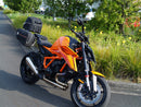Image showing the Ventura EVO-12 Bike-Pack Kit for KTM 1390 Super Duke R (24->) with EVO-12 soft black bag, Evo-Rack metal luggage rack, and L-Bracket with screws (generic image). Fits Adjustable Pack-Rack systems.