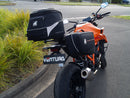 Image showing the Ventura EVO-12 Bike-Pack Kit for KTM 1390 Super Duke R (24->) with EVO-12 soft black bag, Evo-Rack metal luggage rack, and L-Bracket with screws (generic image). Fits Adjustable Pack-Rack systems.