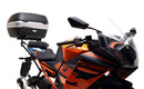 Ventura's EVO-12 Bike-Pack Kit for KTM RC 390 (22 ->) features a sleek black design with an orange stripe, an EVO-RACK for easy mounting, and an L-bracket with screws for seamless installation. It's perfect for riders seeking style and functionality.