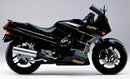 The Kawasaki GPX 750 R by Ventura includes a black EVO-12 Bike-Pack with zippers, an Adjustable Pack-Rack, and an L-Bracket with bolts and screws, all clearly labeled and displayed separately on a pristine white background.