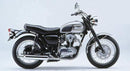 Image of the Ventura EVO-12 Bike-Pack Kit for Kawasaki W 650 with three components: a black EVO-12 pack with orange stripe, an Adjustable Pack-Rack mounted on the bike, and a standard L-Bracket with screws.