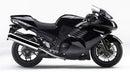 The image displays a Ventura EVO-12 bike-pack kit for the Kawasaki ZZR 1400 (06 - >), featuring an adjustable pack-rack, a black EVO-12 bag, a metal EVO-rack as the top-box rack, and an L-bracket with small screws.