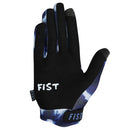 The FIST LEAKY PEN GLOVE is a blue and white tie-dye motocross glove featuring "FIST" in white across the fingers, a black palm, and adjustable wrist strap—ideal MTB gloves for style and performance.