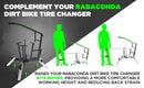 The diagram features the Rabaconda - Lift Kit for Dirt Bike Tyre Changer, which elevates the tool by 8 inches. It contrasts a 20-inch vs. 28-inch working height to highlight enhanced comfort and reduced back strain.