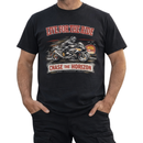 Black t-shirt with motorcycle graphic and text 'Live for the Ride, Chase the Horizon' on a white background.
