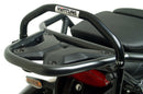 Image featuring the Ventura EVO-12 Bike-Pack Kit: a sleek black EVO-12 pack with an orange stripe, the EVO-Rack securely mounted on a Moto Guzzi 850 V85 TT (19 - >) bike, and an L-Bracket set with screws for excellent pannier support.