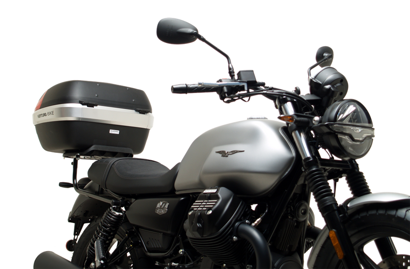The image showcases the Moto Guzzi V7 Special (21 ->) Bike-Pack Kit by Ventura, featuring an EVO-12 pack and adaptable EVO-RACK, along with a generic image of an L-bracket with screws.