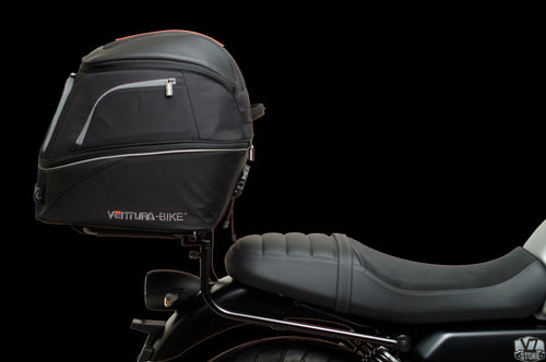 The image showcases the Moto Guzzi V7 Special (21 ->) Bike-Pack Kit by Ventura, featuring an EVO-12 pack and adaptable EVO-RACK, along with a generic image of an L-bracket with screws.