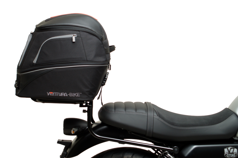 The image showcases the Moto Guzzi V7 Special (21 ->) Bike-Pack Kit by Ventura, featuring an EVO-12 pack and adaptable EVO-RACK, along with a generic image of an L-bracket with screws.