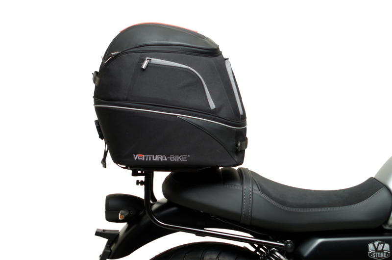 The image showcases the Moto Guzzi V7 Special (21 ->) Bike-Pack Kit by Ventura, featuring an EVO-12 pack and adaptable EVO-RACK, along with a generic image of an L-bracket with screws.