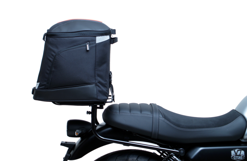The image showcases the Moto Guzzi V7 Special (21 ->) Bike-Pack Kit by Ventura, featuring an EVO-12 pack and adaptable EVO-RACK, along with a generic image of an L-bracket with screws.