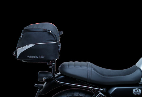 The image showcases the Moto Guzzi V7 Special (21 ->) Bike-Pack Kit by Ventura, featuring an EVO-12 pack and adaptable EVO-RACK, along with a generic image of an L-bracket with screws.