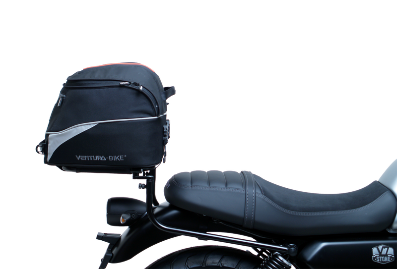 The image showcases the Moto Guzzi V7 Special (21 ->) Bike-Pack Kit by Ventura, featuring an EVO-12 pack and adaptable EVO-RACK, along with a generic image of an L-bracket with screws.
