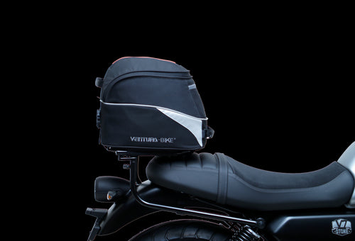 The image showcases the Moto Guzzi V7 Special (21 ->) Bike-Pack Kit by Ventura, featuring an EVO-12 pack and adaptable EVO-RACK, along with a generic image of an L-bracket with screws.